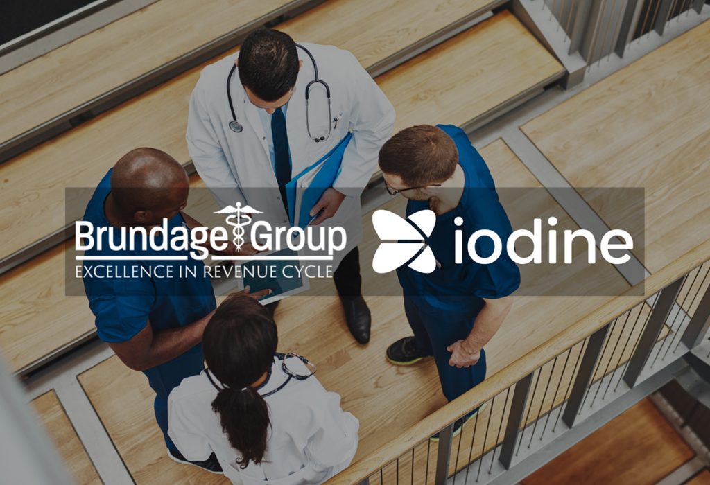 Logos of Brundage Group and Iodine overlaid on a photo of doctors huddling